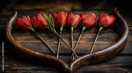 Obraz na płótnie Decorative red flowers positioned amidst a rustic wooden bow. w salonie