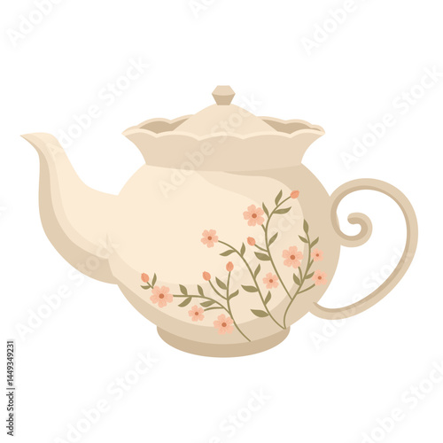 Vintage Floral Ceramic Illustration. Handcrafted Pottery Teapot Illustration
