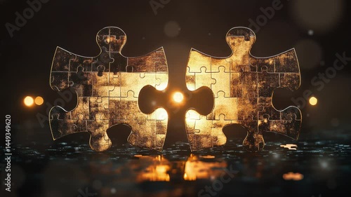 Celebrates business partnerships in the form of two matching puzzle pieces in a sophisticated mood and lighting