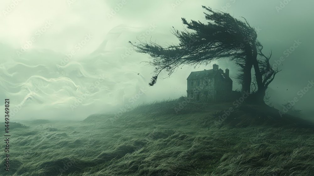Stormy, misty landscape with a lonely, weathered house.