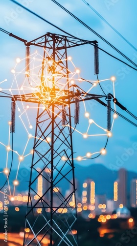 Future energy harvesting stations with ai technology urban power grid digital infrastructure evening skyline futuristic concept