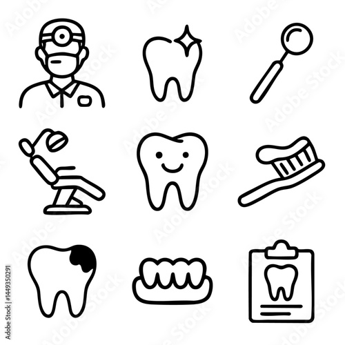 A set of doodle line icons illustrating dental health themes including dentist, teeth, toothbrush, cavity, chair, and dental report