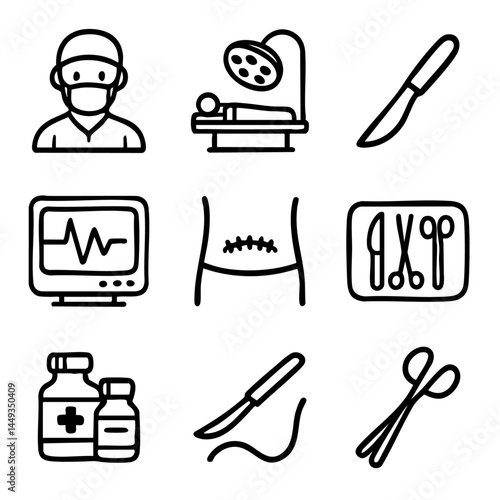A set of doodle line icons related to surgical procedures including surgeon, scalpel, operating table, monitor, sutures, and surgical instruments