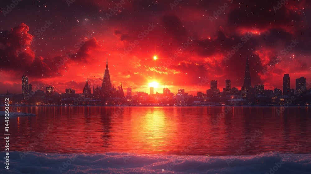 Crimson sunrise over a frozen city skyline.