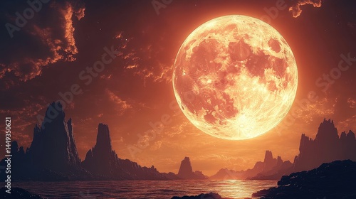 Fiery celestial moon over a dramatic landscape.