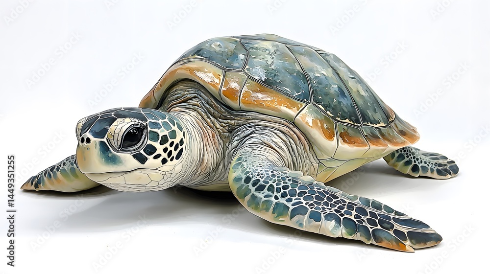 Obraz premium Detailed close-up of a realistic turtle with a textured and patterned skin on a white background, showcasing natural colors and intricate features