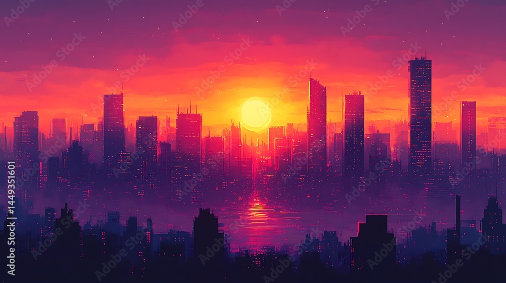 Cityscape illuminated by fiery sunset glow Cityscape illuminated by fiery sunset glow