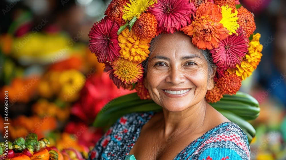 Smiling woman adorned with vibrant flower headpiece in marketplace.