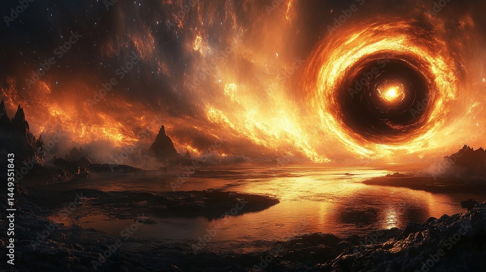 Fiery cosmic vortex over a desolate landscape.