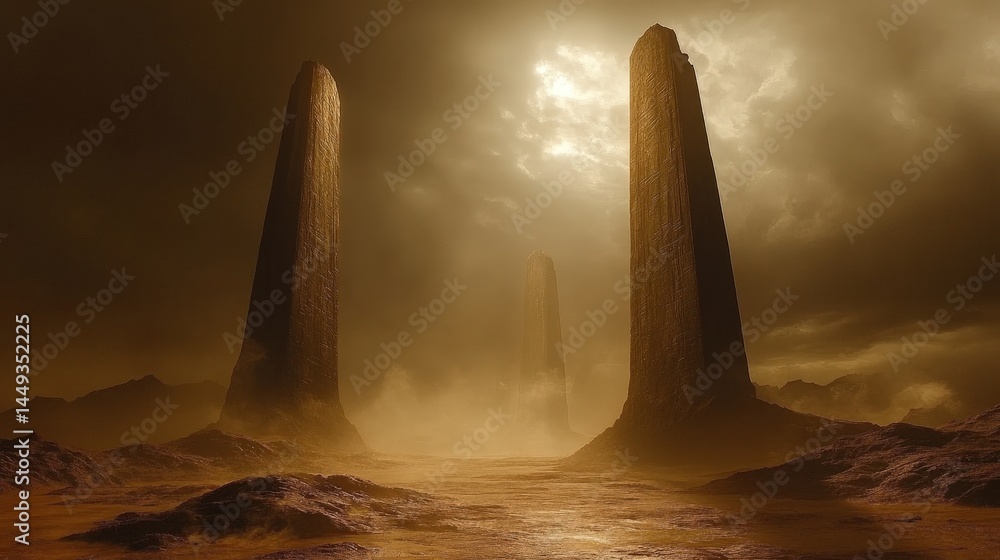 Desert landscape with imposing stone pillars.