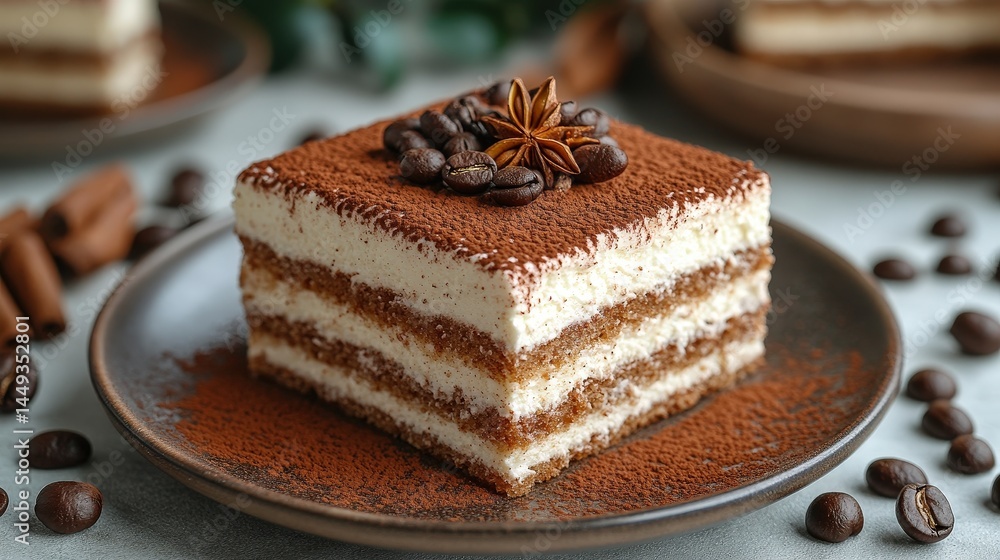 Close up of a delicious tiramisu dessert slice.