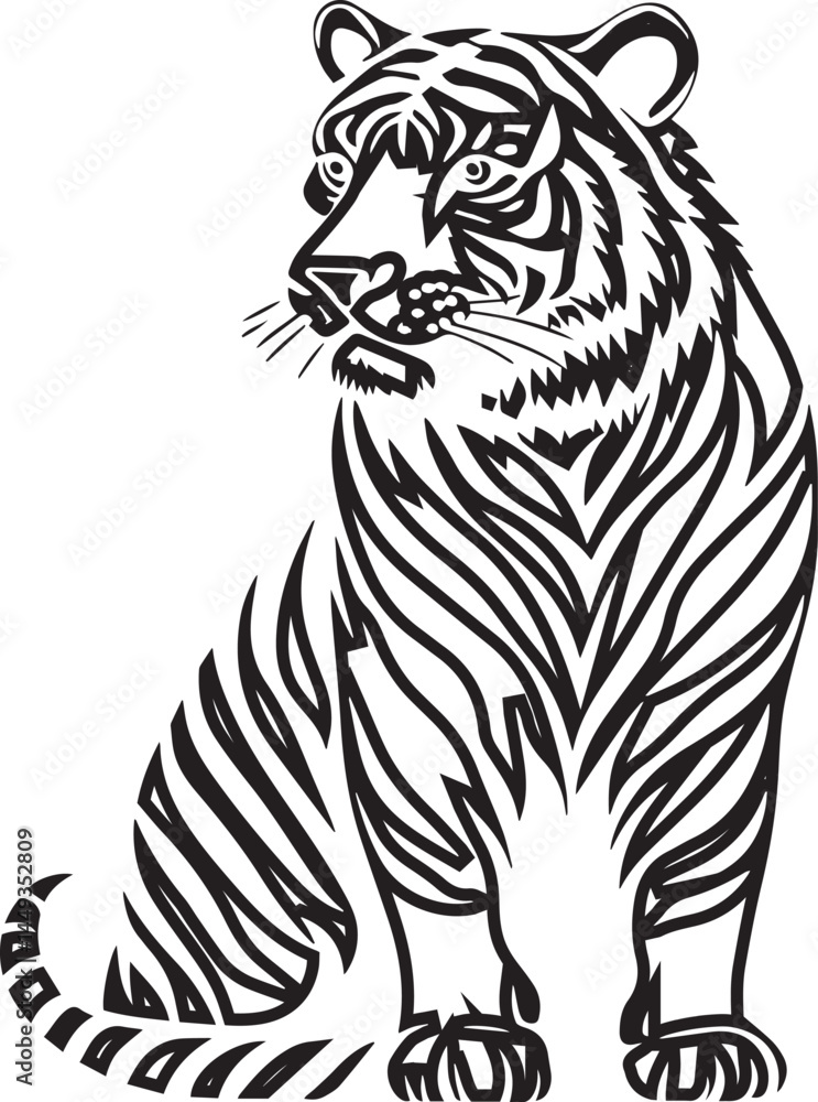 Obraz premium Minimalist Black Ink Vector Tiger Clean Line Art of a Big White Tiger, No Shadow, Simple Shapes, Die-Cut Silhouette Design for Vinyl, Stencil, for Graphic Use