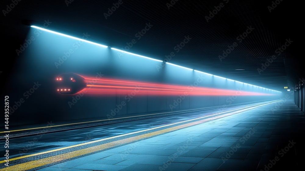 Neon-lit tunnel platform at night with motion blur.