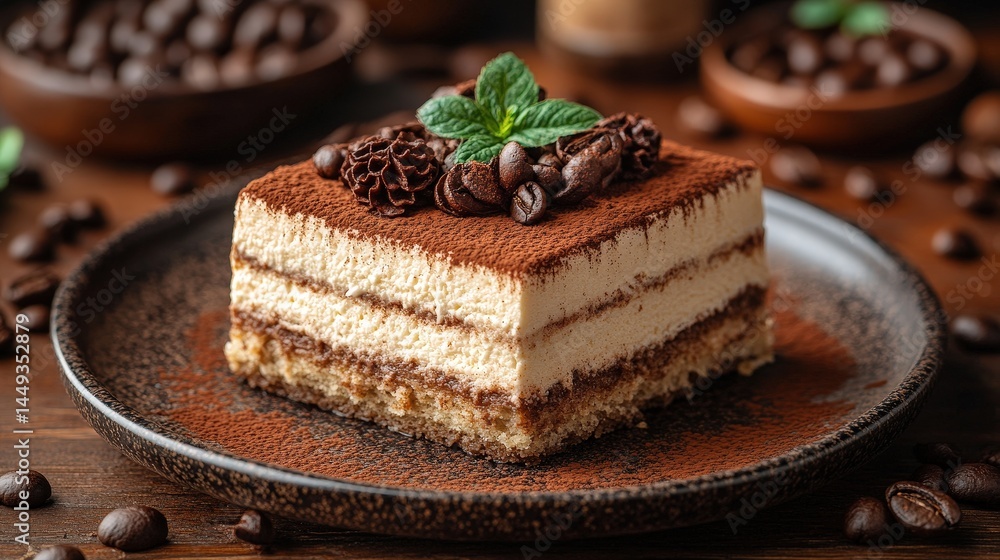 Delicious square tiramisu dessert on dark plate.