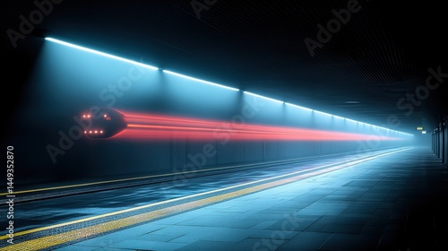 Obraz na płótnie Neon-lit tunnel platform at night with motion blur. w salonie