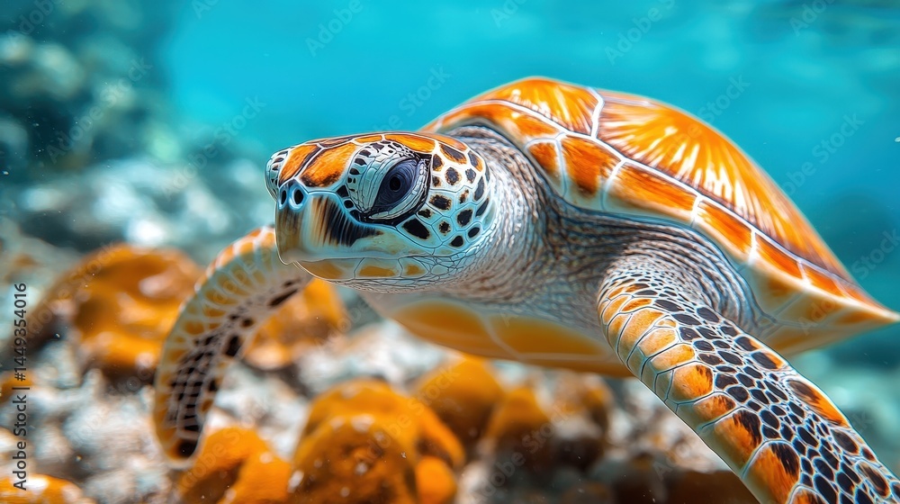 Underwater close-up view of a sea turtle.