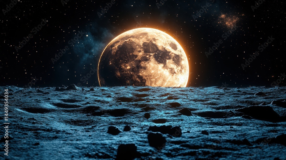 Celestial orb of orange glow above a lunar terrain.