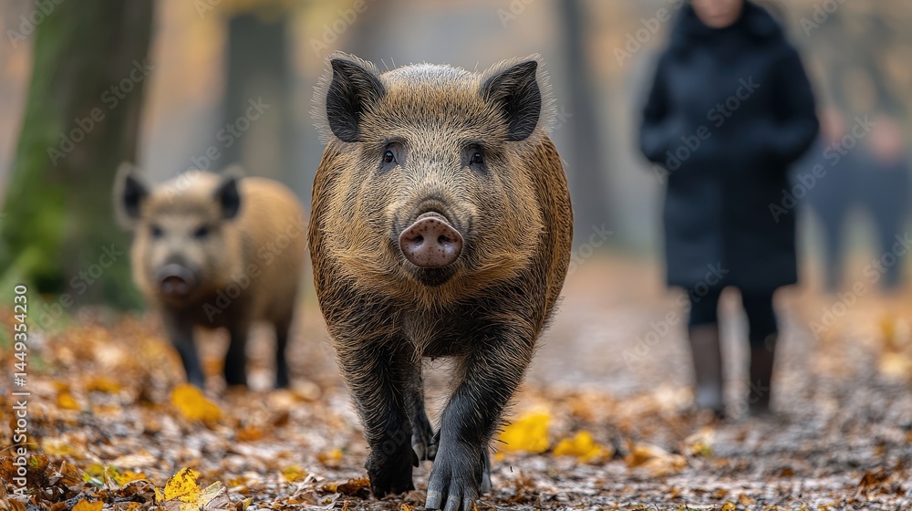 Wild boar family strolling through autumnal forest path.