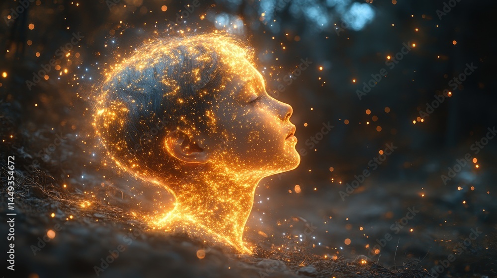 A child's head, illuminated by a fiery glow.