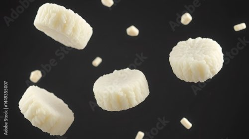 Floating Rice Cakes, mid air shot, isolated