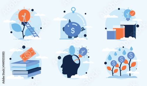 Concept of self developing investment by knowledge and education, ways to gain wealth from capital, Personal finance management, studying investment finance literacy. Vector illustration set.
