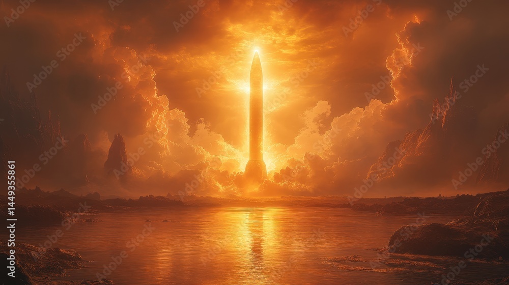 Fiery rocket launch over a tranquil body of water.
