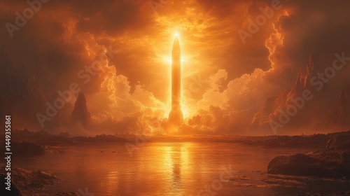 Obraz na płótnie Fiery rocket launch over a tranquil body of water. w salonie