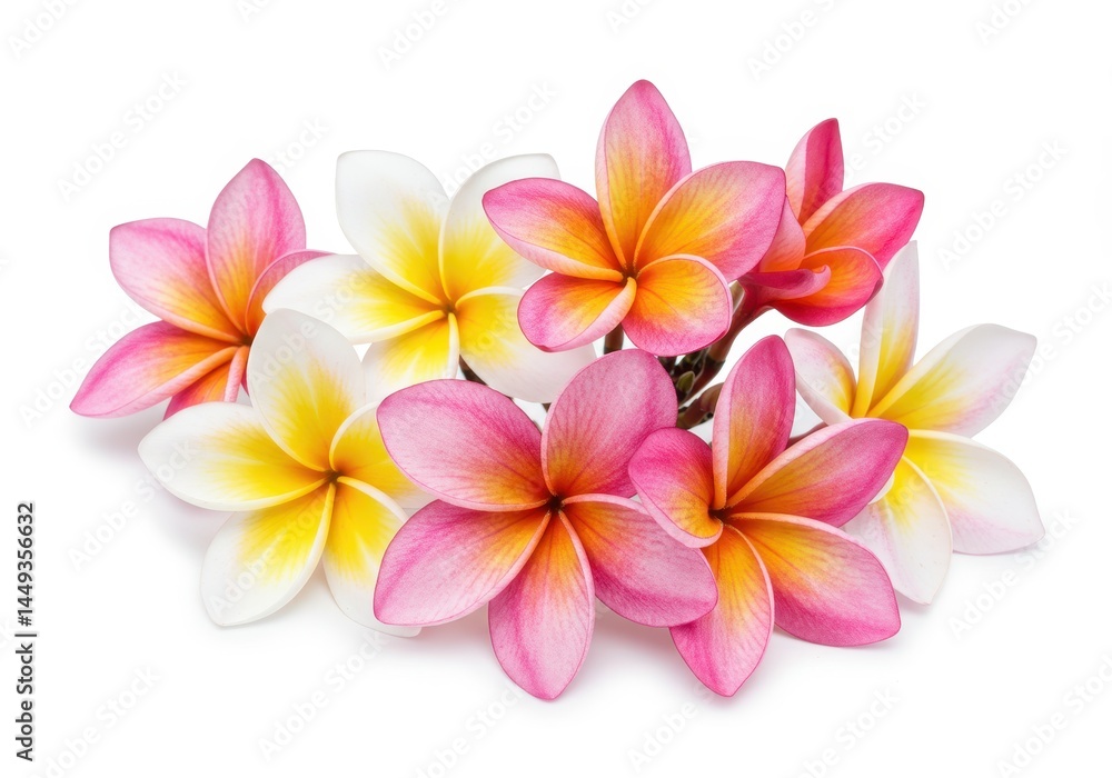 Naklejka premium Beautiful Plumeria Flowers Pink White Yellow Tropical Blossom Spa Image Fresh Exotic Floral Nature