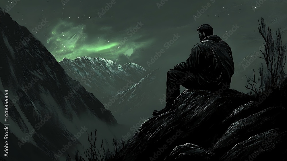 Person contemplating mountain landscape under aurora Person contemplating mountain landscape under aurora