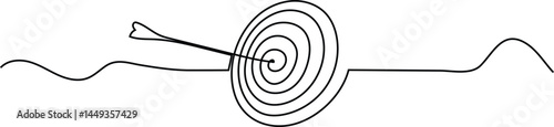 Target with arrow single line art  drawing. linear style goal circle. Vector illustration isolated on white. 
