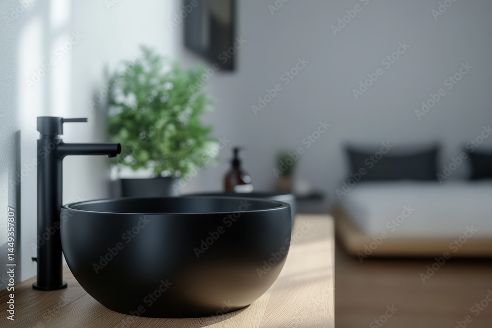Modern black bathroom sink and faucet on light wood countertop. Lush green plant, minimalist aesthetic, simple and clean design Modern black bathroom sink and faucet on light wood countertop. Lush green plant, minimalist aesthetic, simple and clean design