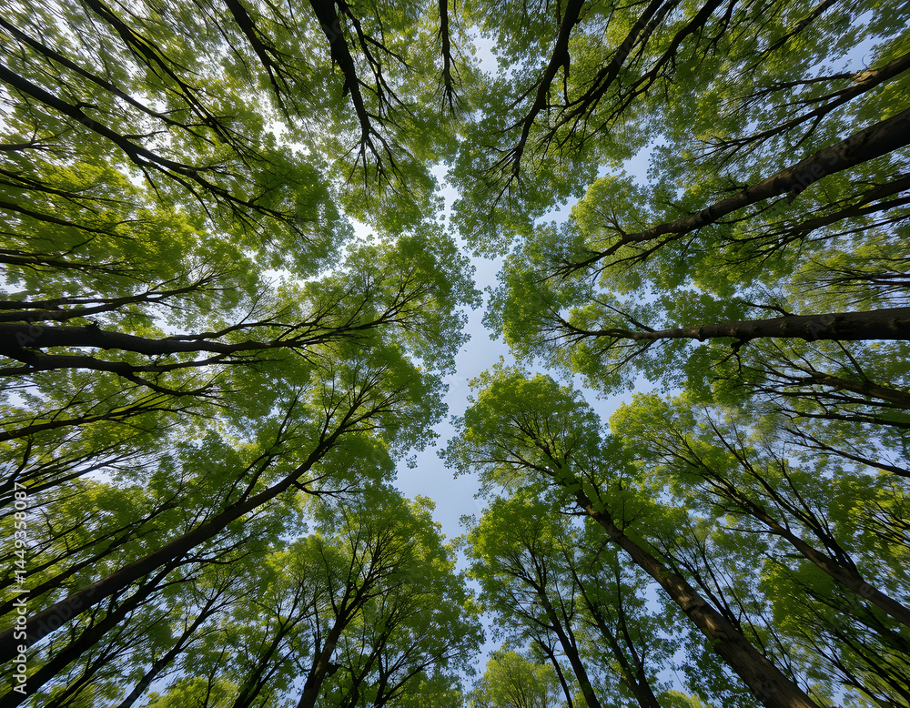 Fototapeta premium Upward view of vibrant green tree canopy in lush spring forest with clear blue sky and tall trees