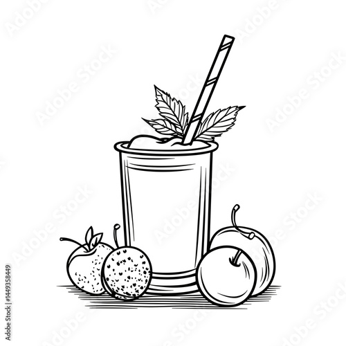 Smoothie glass with fruits and mint leaf in black and white  
