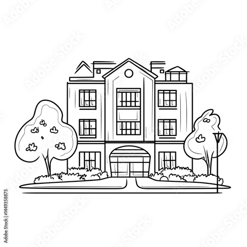 Line Drawing of a Sanatorium Surrounded by Trees and Landscape  