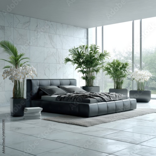 Modern minimalist bedroom featuring a queen bed and a dramatic floor-to-ceiling orchid - cozy neutral dramatic airy