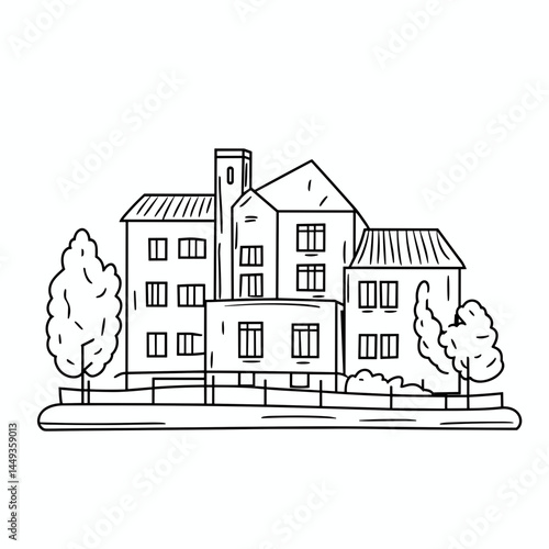 Simple Line Drawing of a Sanatorium Surrounded by Trees  