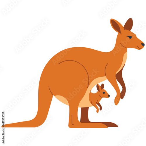 Kangaroo mother with baby in pouch isolated vector illustration on white background