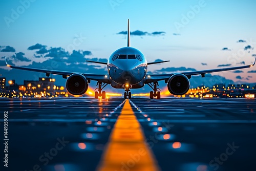 Jetliner on runway at twilight