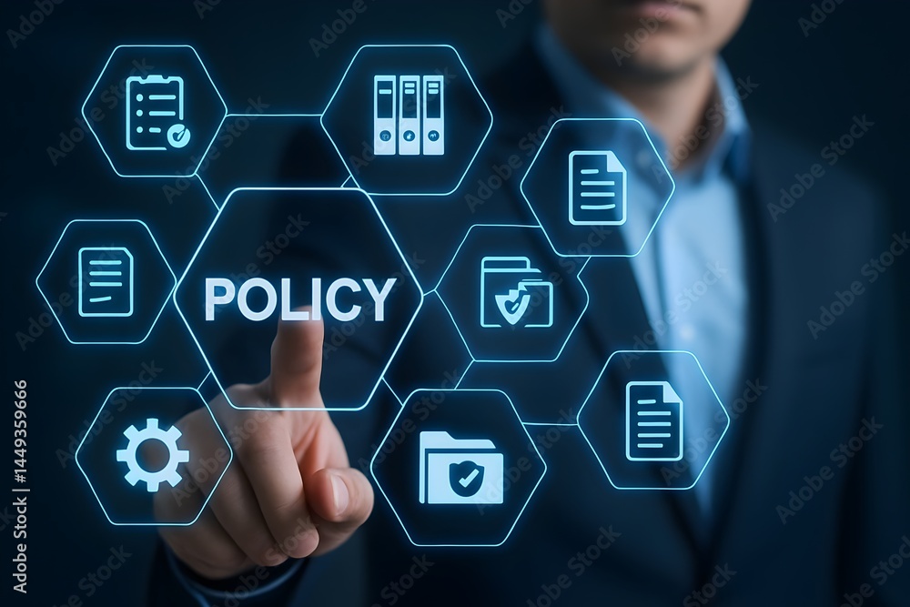 Policy management and compliance concept. A businessman points to Policy management and compliance concept. A businessman points to
