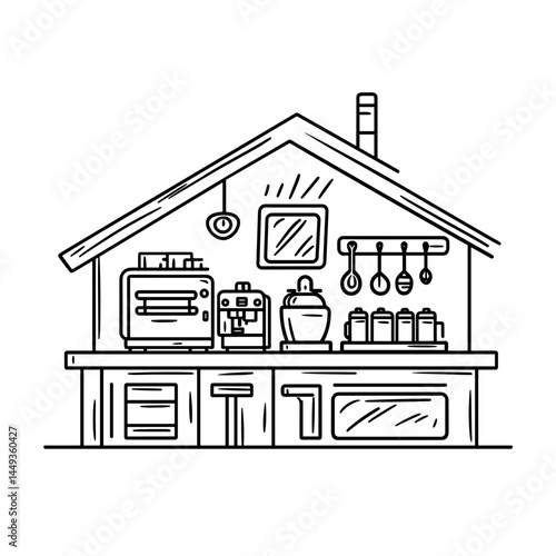 Minimalist kitchen illustration featuring various appliances  