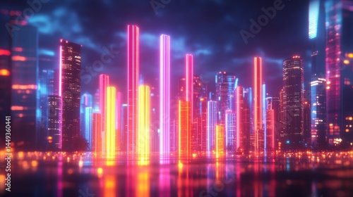 A futuristic cityscape at night with vibrant neon lights reflecting off a water surface.