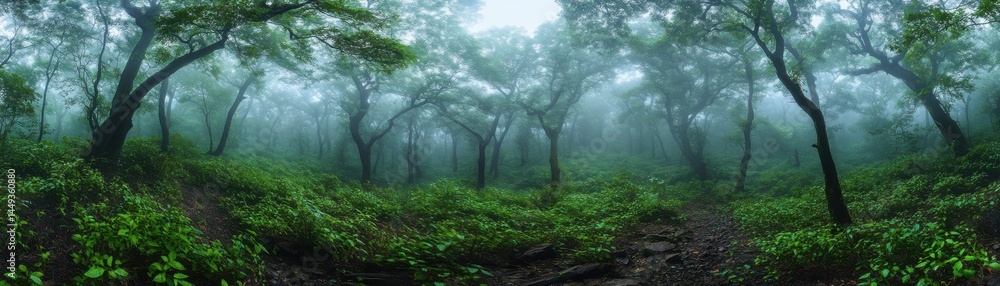 Fototapeta premium A lush, green forest shrouded in mist, with dense foliage and tall trees creating a tranquil, natural atmosphere.