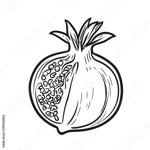 Pomegranate illustration revealing juicy seeds in black line art  