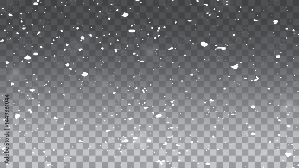 Falling snow particles blurred in motion on dark transparent background. Christmas snow dust. Vector illustration. Falling snow particles blurred in motion on dark transparent background. Christmas snow dust. Vector illustration.
