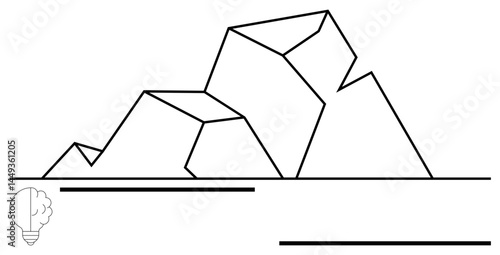 Abstract geometric mountain peaks with clean angular lines. Small lightbulb with brain inset suggesting creativity or ideas. Ideal for brainstorming, innovation, resilience, growth, challenges