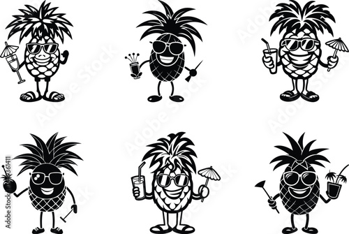 Cartoon style pineapple silhouette vector illustration, Cartoon style pineapple line art vector icon design, Cartoon style pineapple vector logo icon design set
