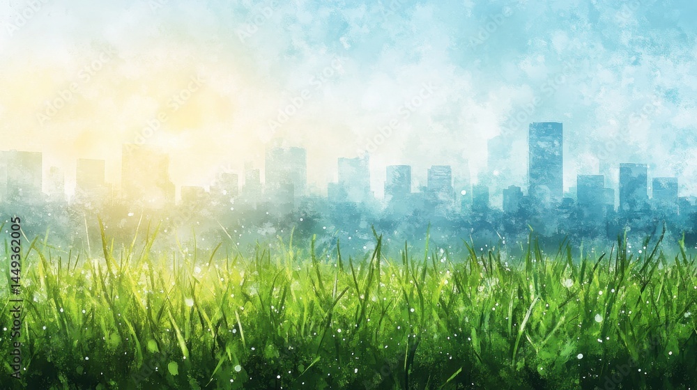 Vibrant green grass in the foreground with a misty city skyline and bright sky in the background.