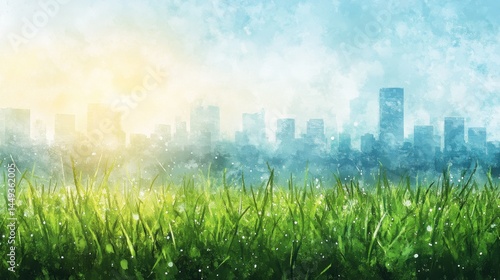 Obraz na płótnie Vibrant green grass in the foreground with a misty city skyline and bright sky in the background. w salonie