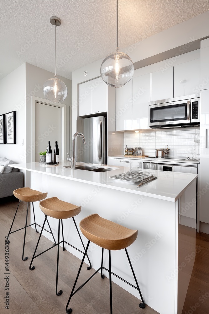 Sleek white cabinetry, waterfall island, quartz countertops, pendant lighting, stainless steel appliances - quartz remodeling quality high Sleek white cabinetry, waterfall island, quartz countertops, pendant lighting, stainless steel appliances - quartz remodeling quality high