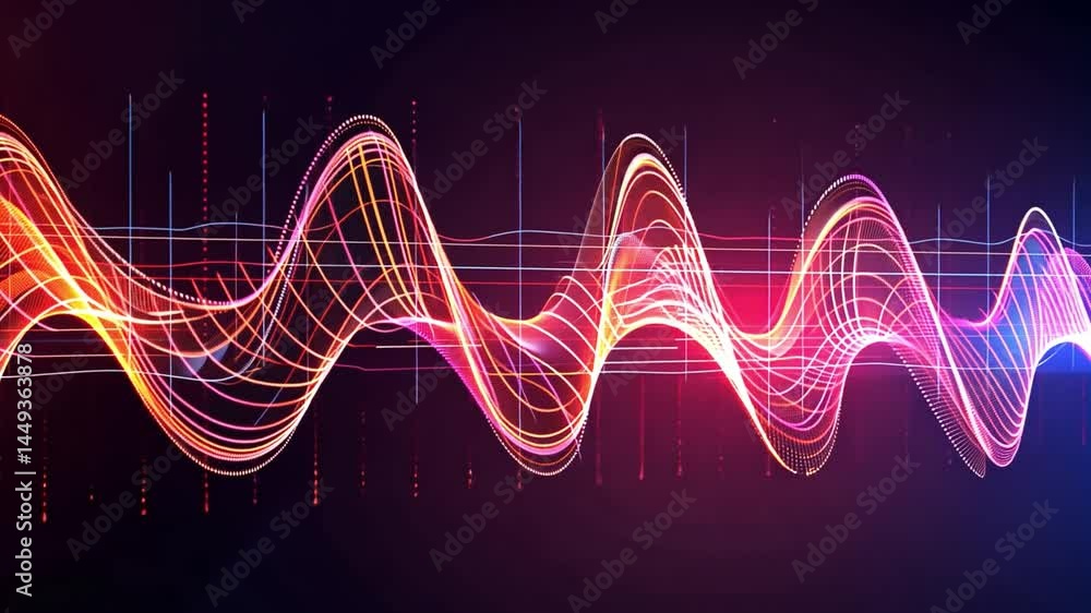 Colorful sound waves and dynamic movement create abstract visual design, showcasing energy and frequency of digital light in vibrant patterns.